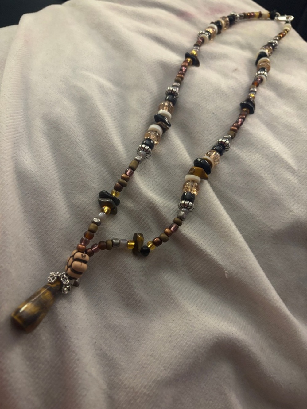 Handcrafted Beaded Necklace with Tiger Eye Pendant - Brown & Gold